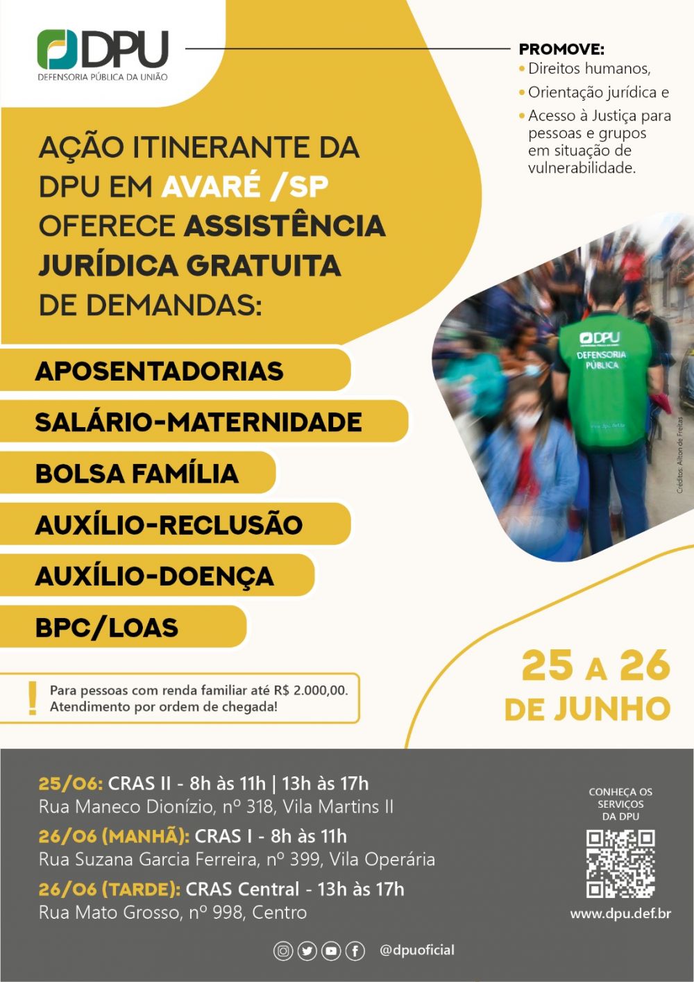 Defensoria presta assistência jurídica gratuita em Avaré nos dias 25 e 26